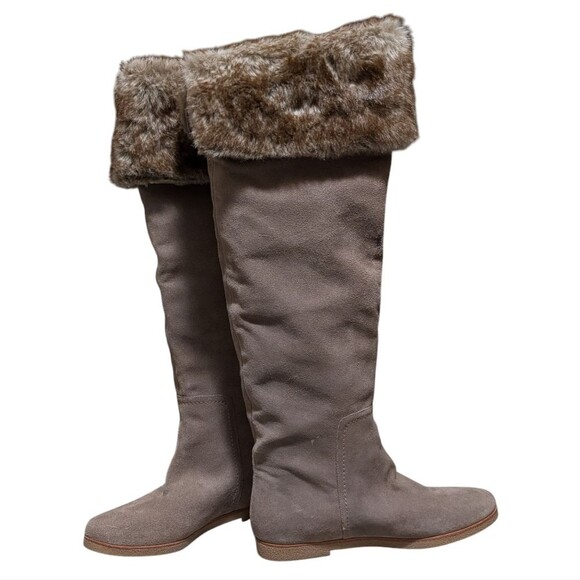 Sam Edelman Orlando suede knee high boots size 8.5M taupe faux fur cuffs pull on - Picture 1 of 13
